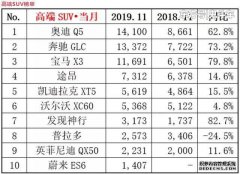 11月豪华SUV TOP10：奥迪Q5夺冠 BBA领跑前三