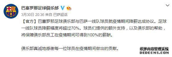 巴萨官方宣布全体球员降薪70� title =