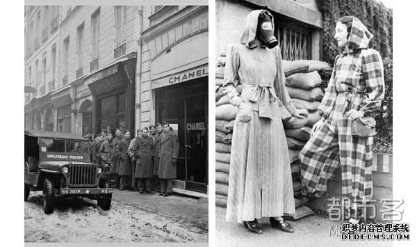 （左）1945年，二战结束后美国大兵在康朋街31号前排队购买香奈儿5号香水回国送给恋人。摄影：Serge Lido。（右）一战，条纹和格子都是当时的流行元素。